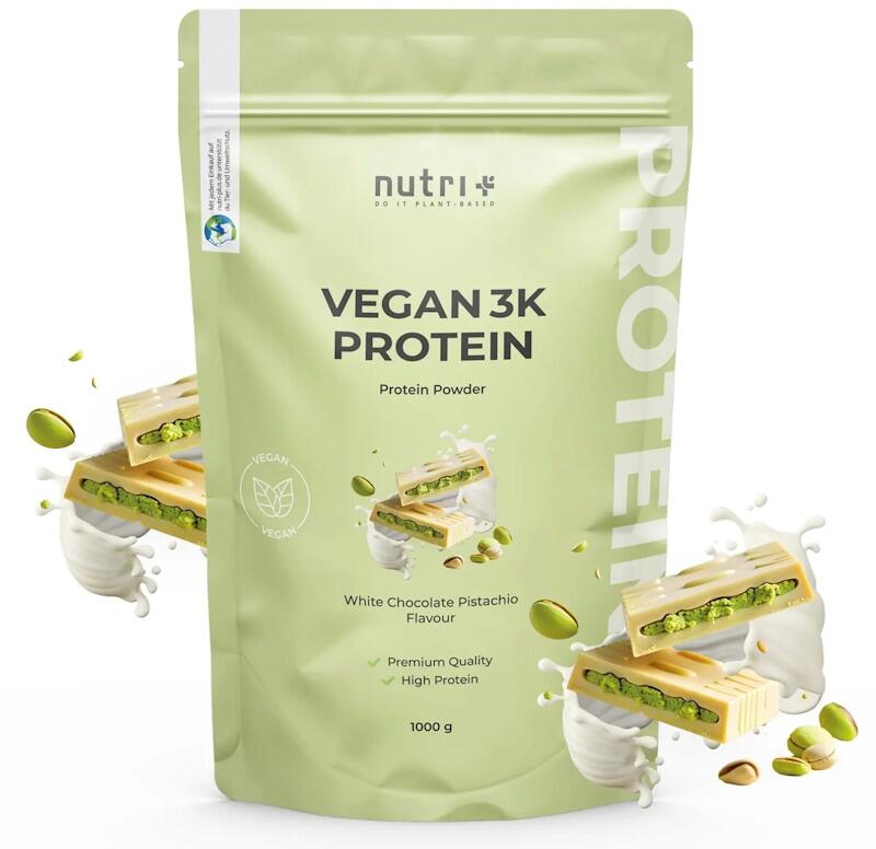 nutri+ veganes 3K Proteinpulver, 1000 g Beutel, White Chocolate Pistachio