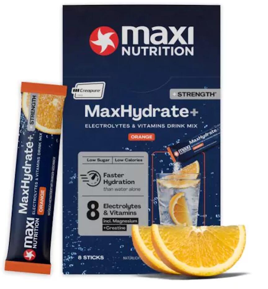 MaxiNutrition MaxHydrate+ Strength Elektrolyt Getränk, 8 x 20 g Sticks, Orange