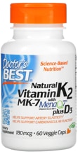Doctors Best Natural Vitamin K2 MK-7 with MenaQ7 plus D3 - 180 µg, 60 Kapseln