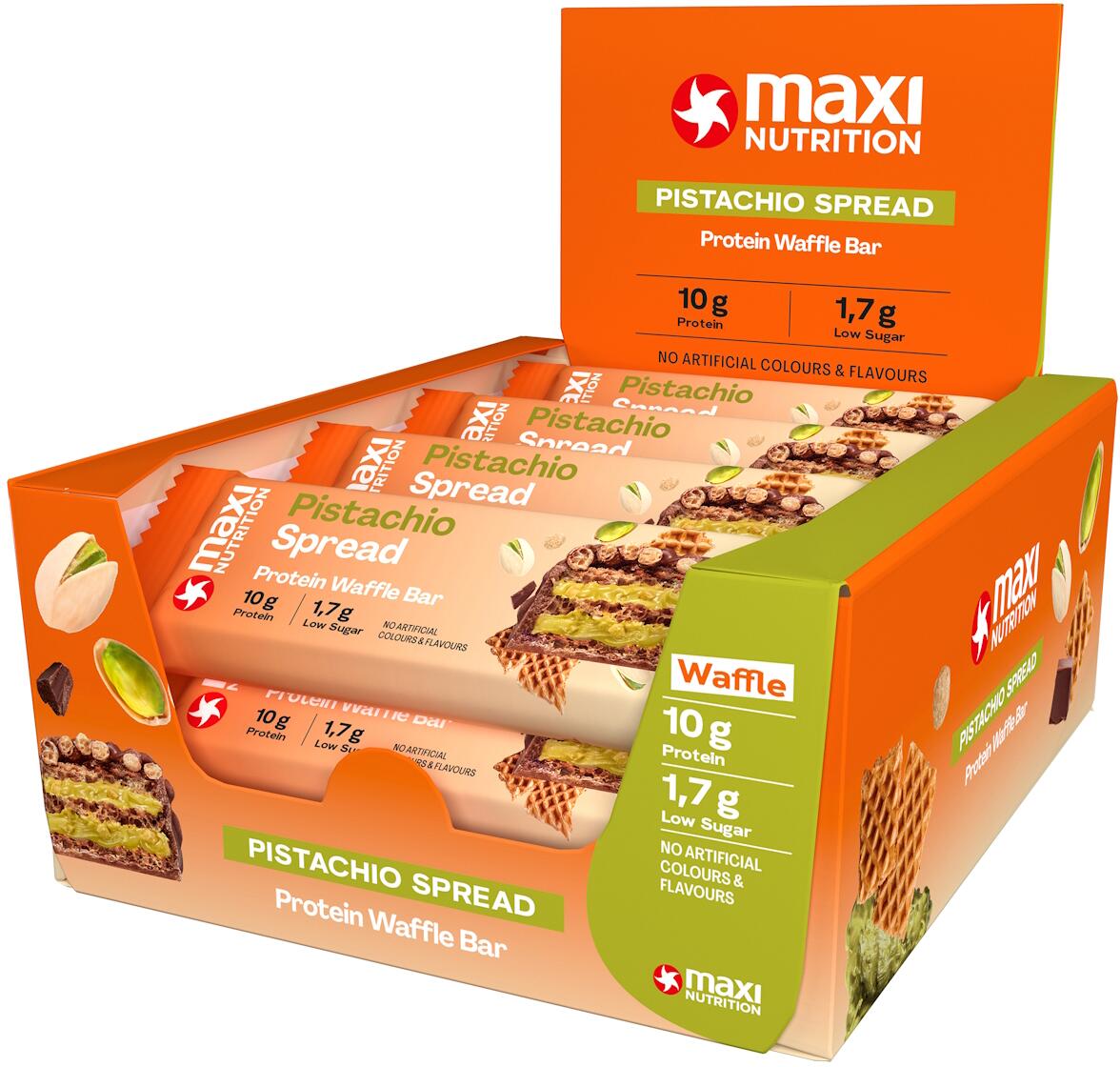 MaxiNutrition Protein Waffle Bar, 12 x 39 g Riegel, Pistachio Spread