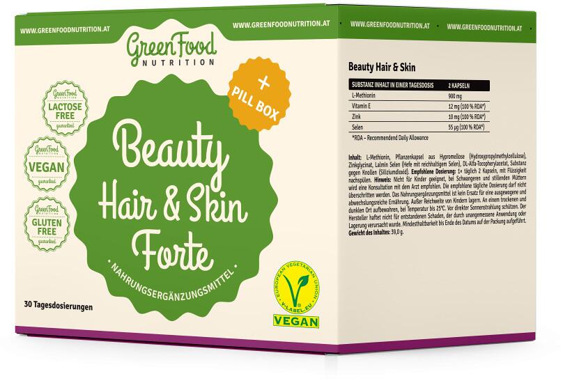 GreenFood Nutrition Beauty Hair & Skin Forte + Pillbox, 60 + 60 Kapseln
