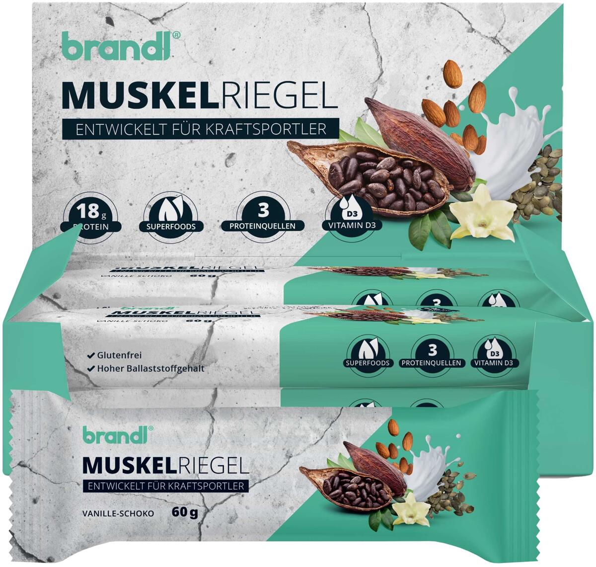 brandl Muskelriegel, 12 x 60 g Riegel, Vanille-Schoko