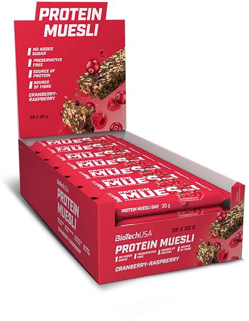 BioTech USA Protein Müsli Bar, 28 x 30 g Riegel, Cranberry-Himbeere