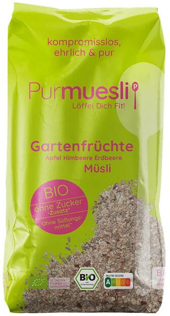 Purmuesli Bio Müsli, 350 g Beutel, Gartenfrüchte – Apfel Himbeere Erdbeere