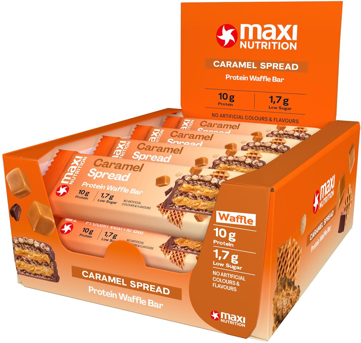 MaxiNutrition Protein Waffle Bar, 12 x 39 g Riegel, Caramel Spread