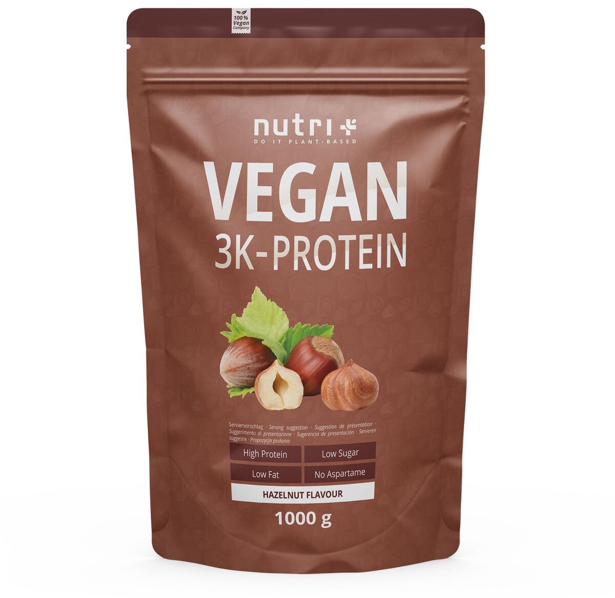 nutri+ veganes 3K Proteinpulver, 1000 g Beutel, Hazelnut
