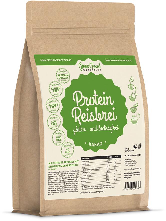GreenFood Nutrition Protein Reisbrei gluten-/lactosefrei, 500g Beutel, Kakao
