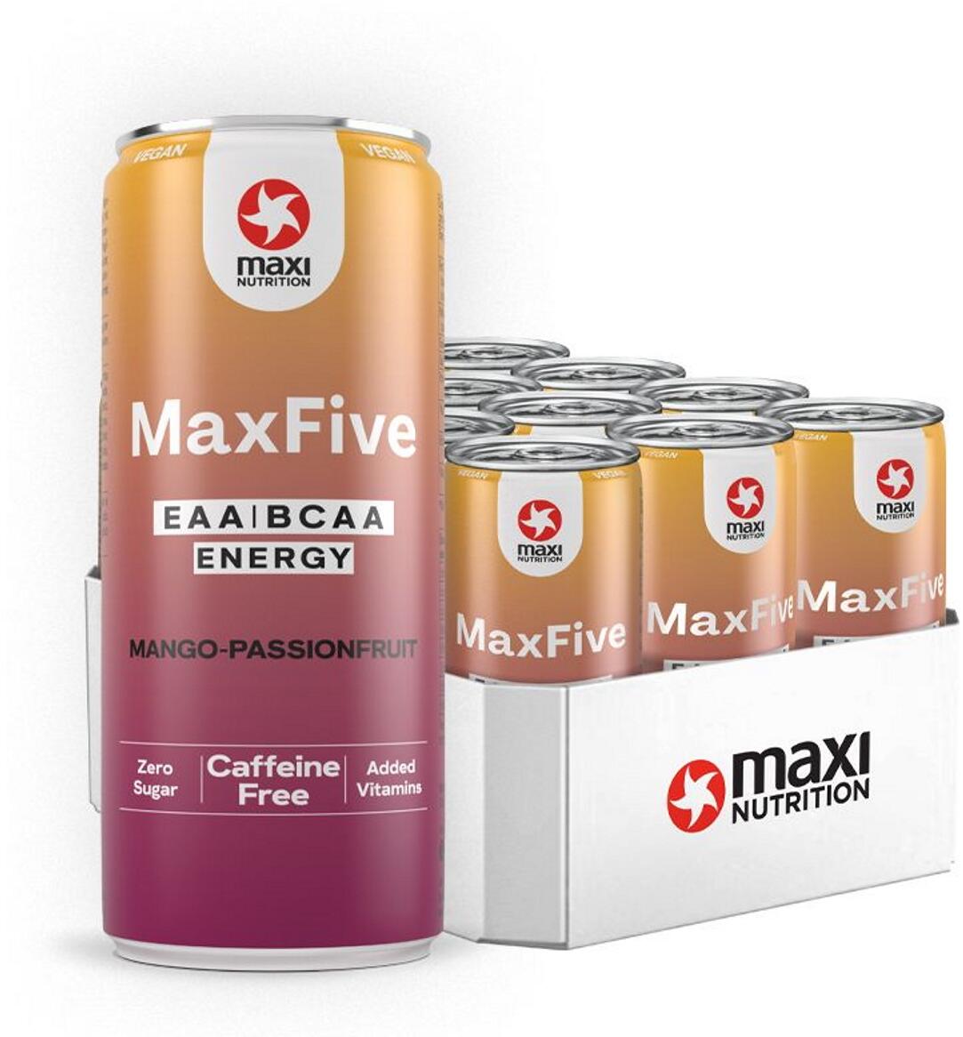 MaxiNutrition MaxFive EAA/BCAA Drink, 12 x 330 ml Dose (inkl. 3,- Euro Pfand), Mango Passionfruit (koffeinfrei)