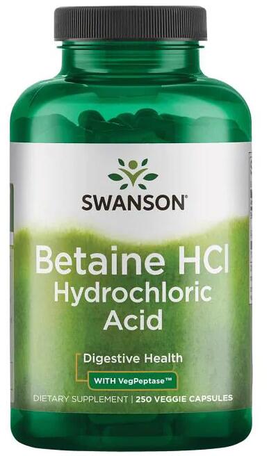 Swanson Betaine HCl Hydrochloric Acid with VegPeptase, 250 Kapseln