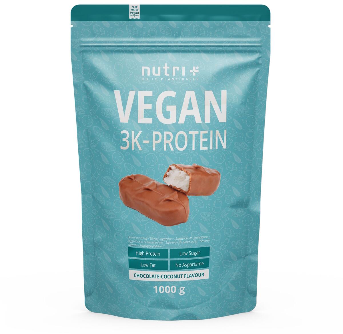 nutri+ veganes 3K Proteinpulver, 1000 g Beutel, Chocolate-Coconut
