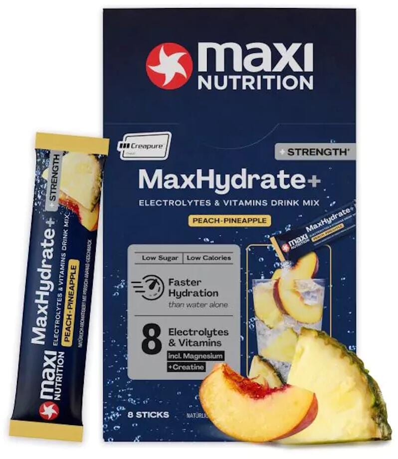 MaxiNutrition MaxHydrate+ Strength Elektrolyt Getränk, 8 x 20 g Sticks, Peach-Pineapple