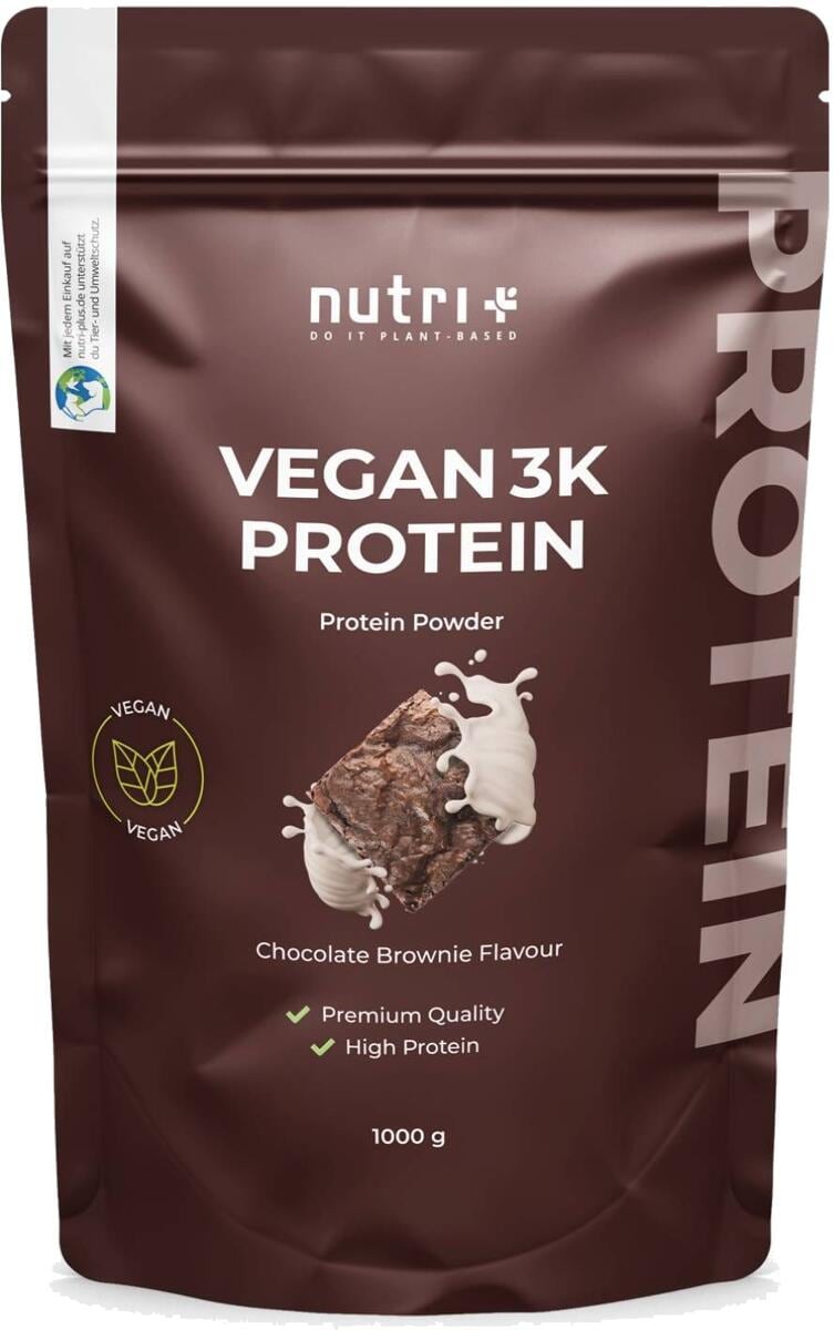 nutri+ veganes 3K Proteinpulver, 1000 g Beutel, Chocolate-Brownie