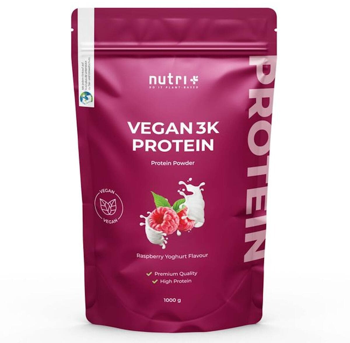nutri+ veganes 3K Proteinpulver, 1000 g Beutel, Raspberry-Yogurt