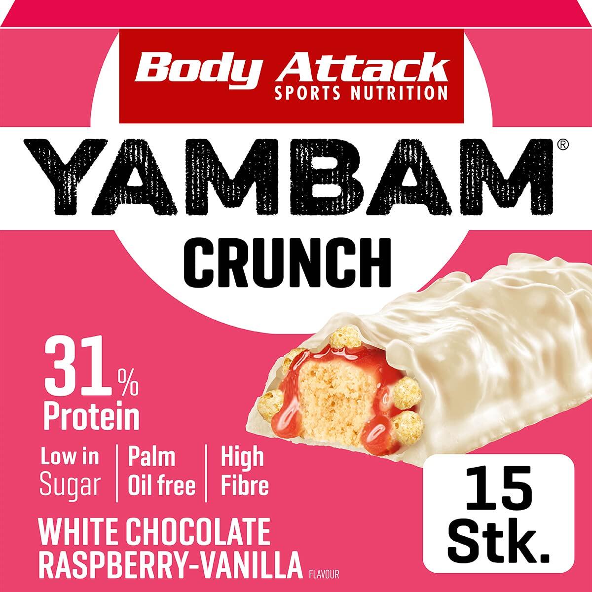 Body Attack Yambam Crunch, 15 x 55 g Riegel, White Chocolate Raspberry Vanilla