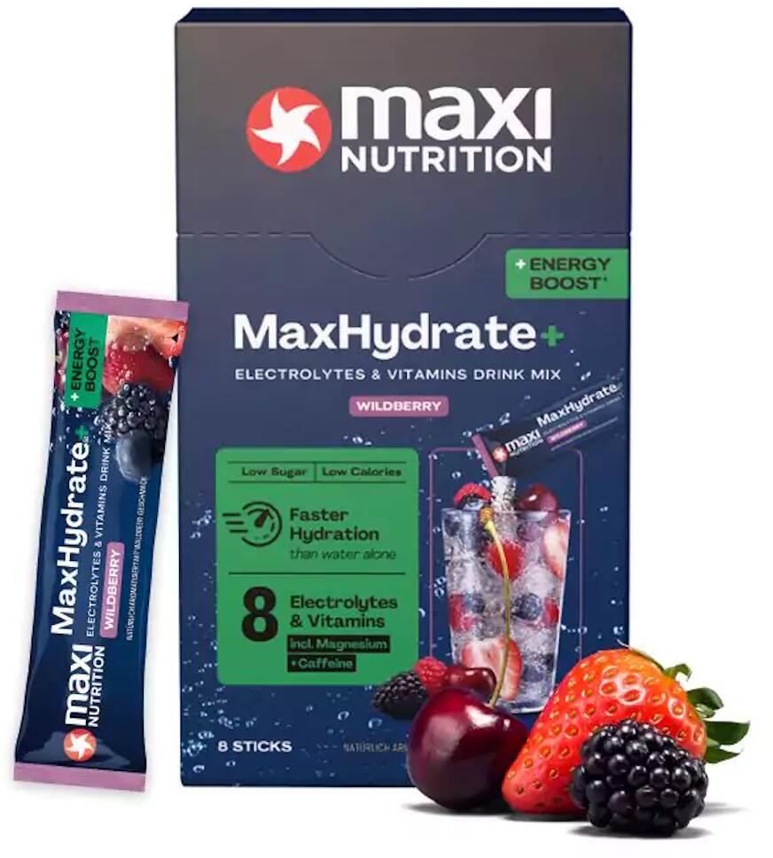 MaxiNutrition MaxHydrate+ Energy Boost Elektrolyt Getränk, 8 x 16 g Sticks, Wild Berry