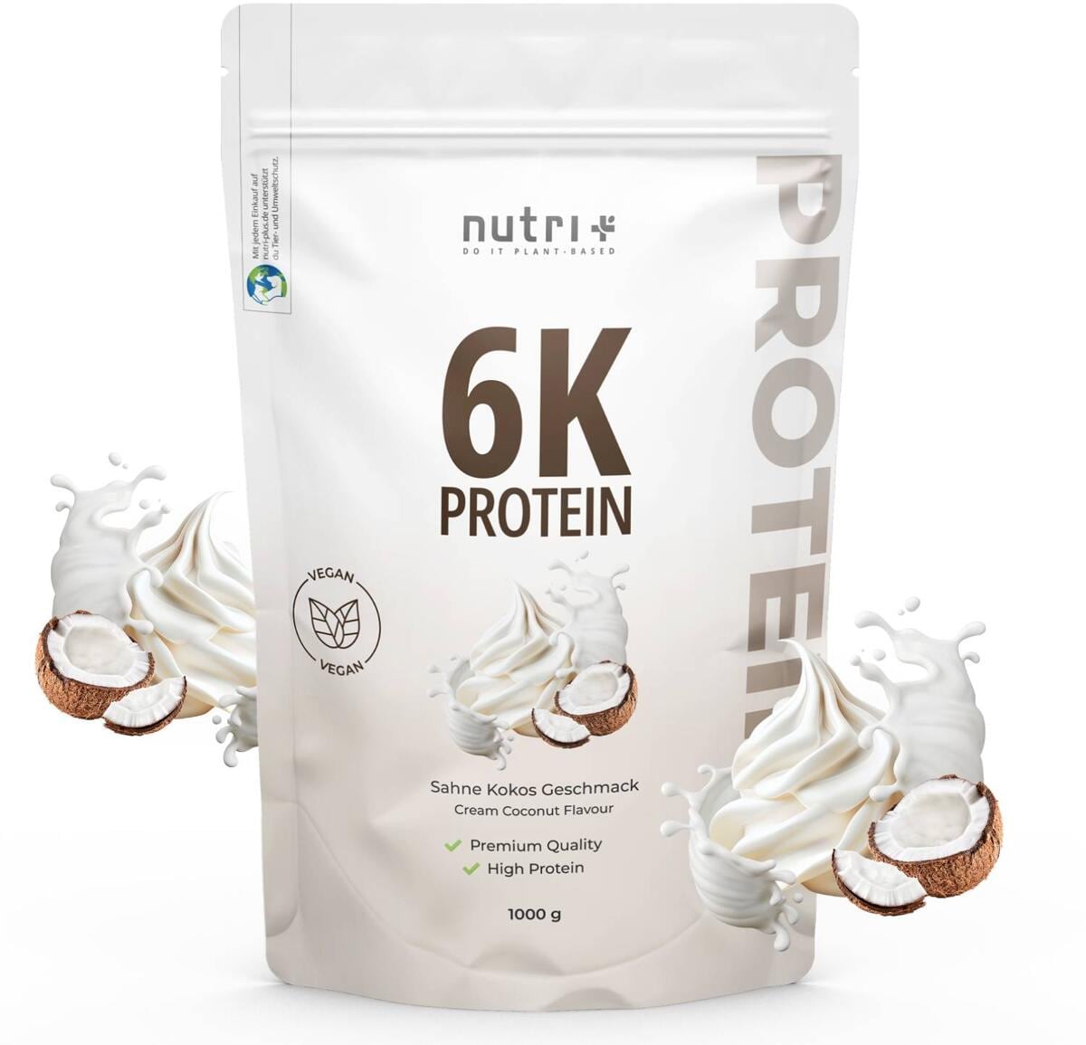 nutri+ veganes 6K Proteinpulver, 1000 g Beutel, Sahne-Kokos