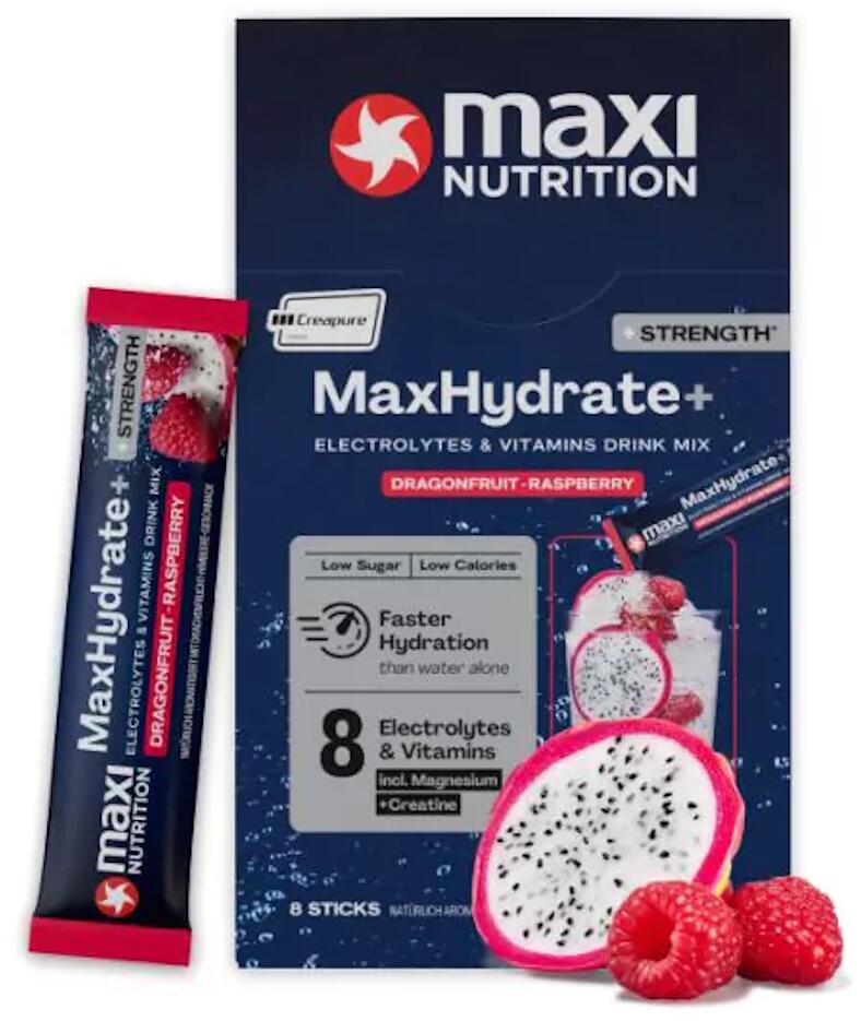 MaxiNutrition MaxHydrate+ Strength Elektrolyt Getränk, 8 x 20 g Sticks, Dragonfruit-Raspberry
