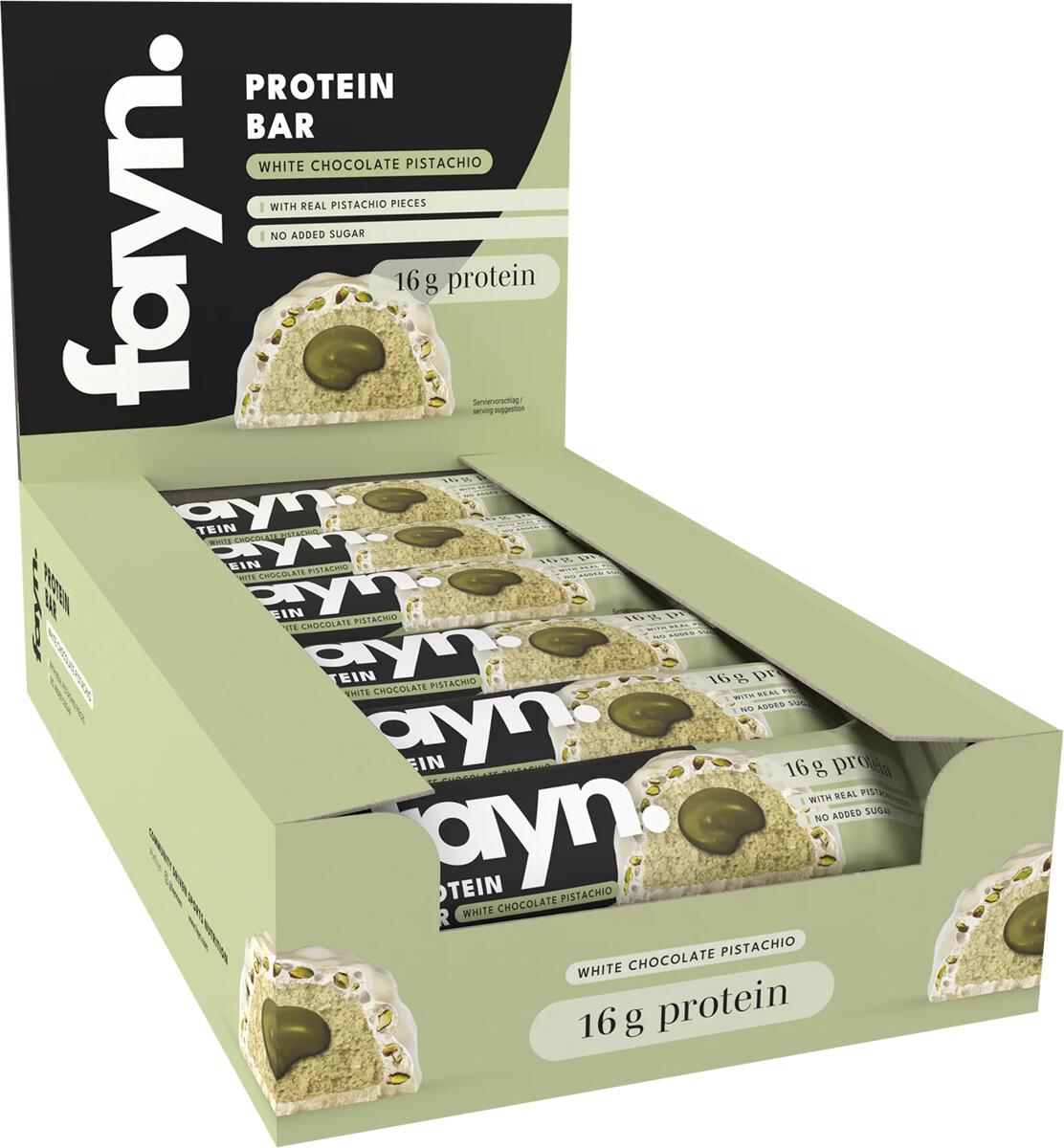 fayn Protein Bar Box, 12 x 55 g Riegel, White Chocolate Pistachio
