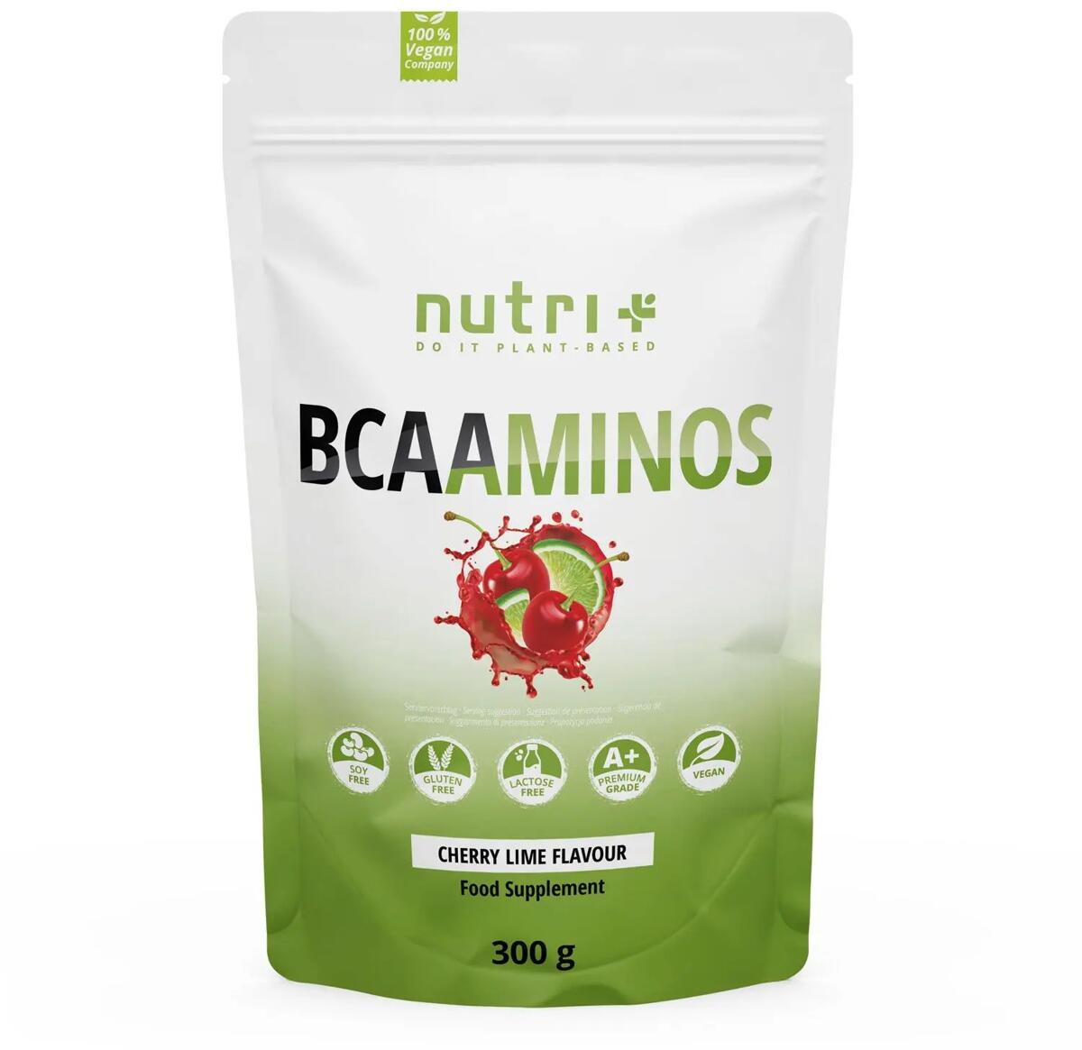 nutri+ BCAAminos - BCAA Instant Pulver, 300 g Beutel, Cherry Lime