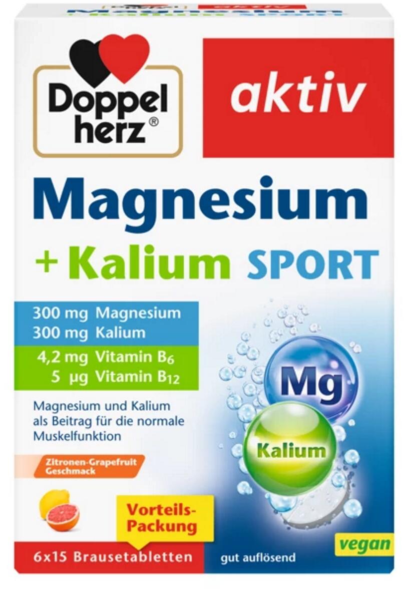 Doppelherz Magnesium + Kalium, 6 x 15 Brausetabletten, Zitrone-Grapefruit