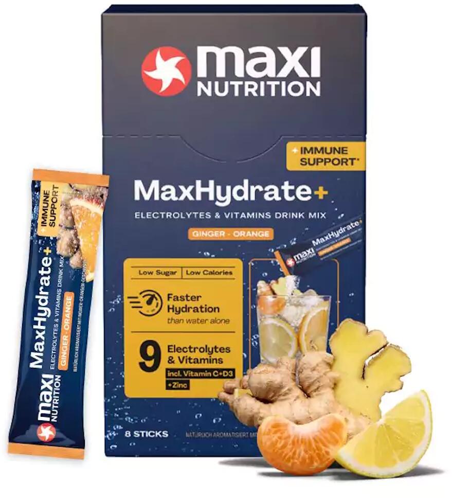 MaxiNutrition MaxHydrate+ Immune Support Elektrolyt Getränk, 8 x 16 g Sticks, Ginger-Orange