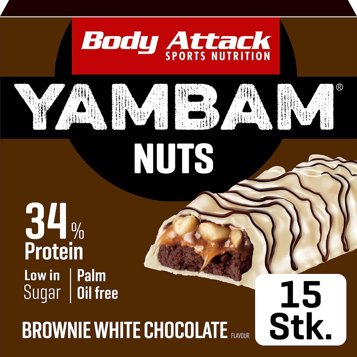 Body Attack Yambam Nuts, 15 x 55 g Riegel, Brownie White Chocolate