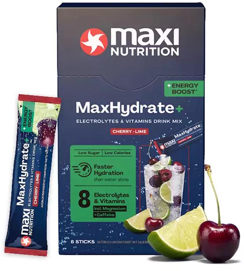 MaxiNutrition MaxHydrate+ Energy Boost Elektrolyt Getränk, 8 x 16 g Sticks, Cherry Lime