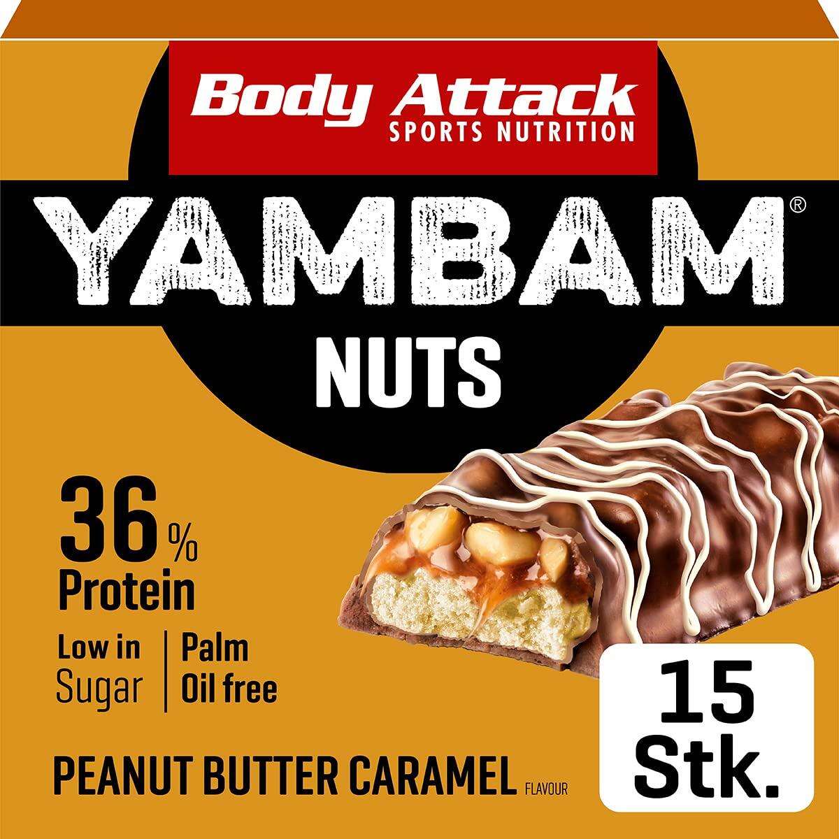 Body Attack Yambam Nuts, 15 x 55 g Riegel, Peanut Butter Caramel