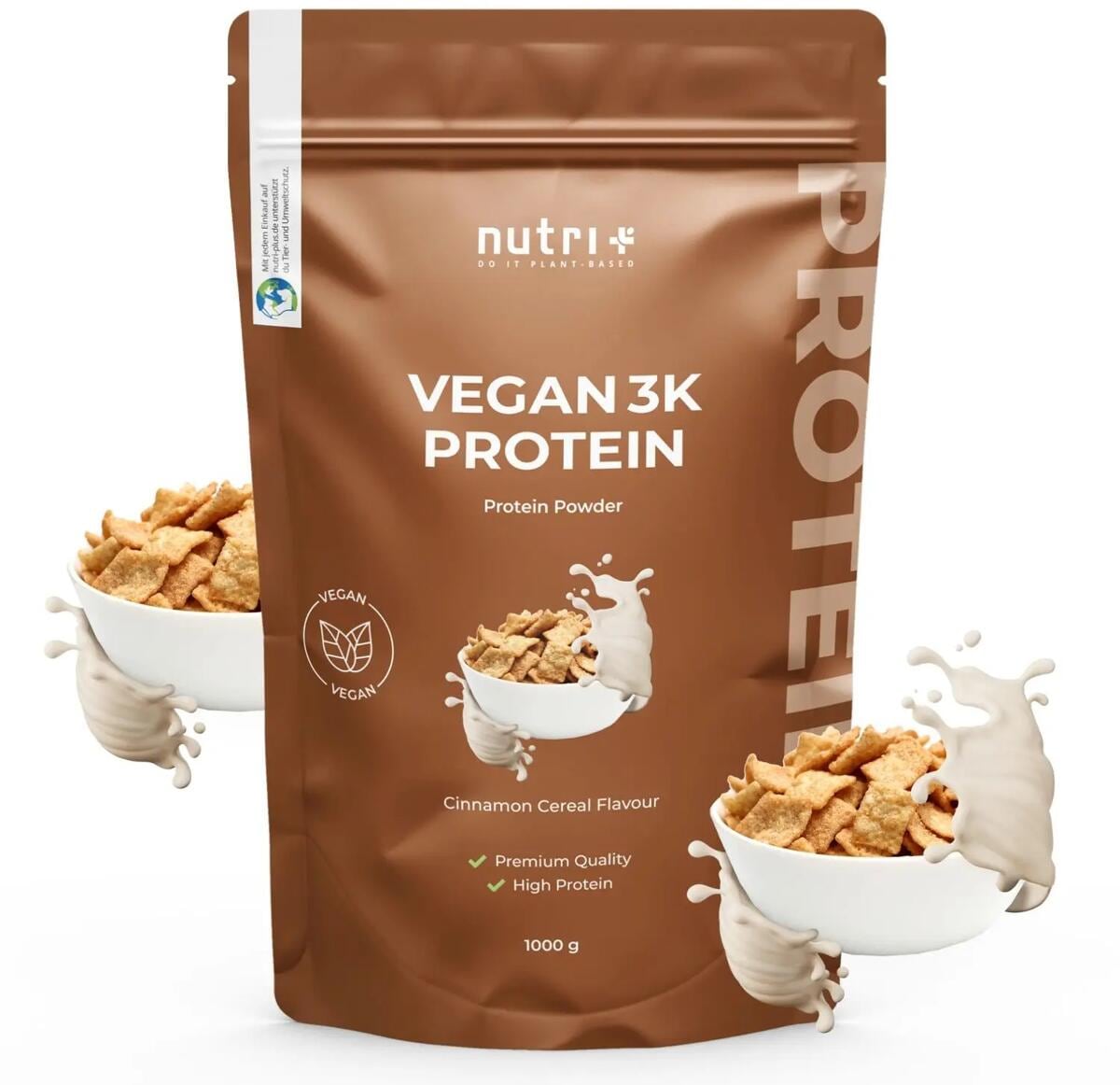 nutri+ veganes 3K Proteinpulver, 1000 g Beutel, Cinnamon Cereal