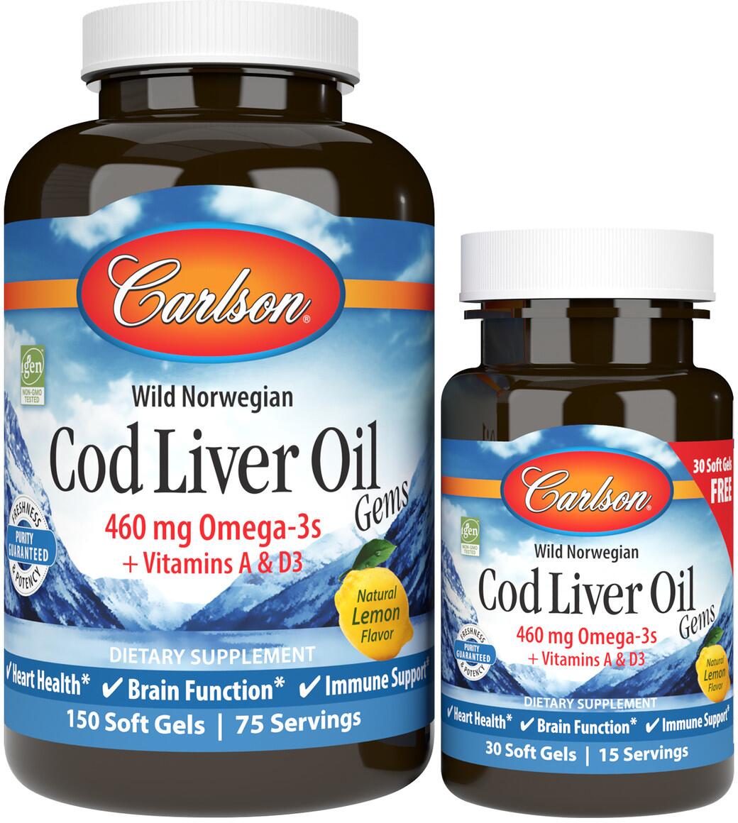 Carlson Labs Wild Norwegian Cod Liver Oil Gems, 460 mg, 150 + 30 Kapseln