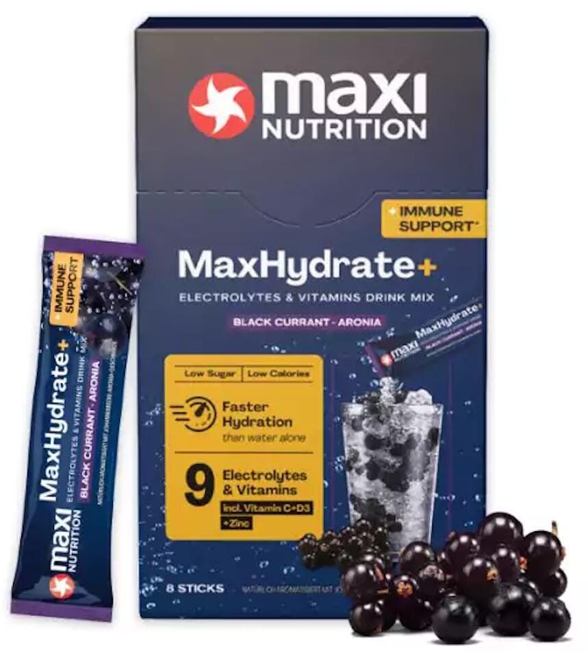 MaxiNutrition MaxHydrate+ Immune Support Elektrolyt Getränk, 8 x 16 g Sticks, Black Currant-Aronia