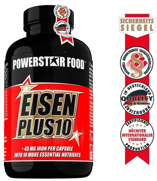 Powerstar Food EISEN PLUS 10 – Eisen, Jod & 9 Vitamine, 90 Kapseln