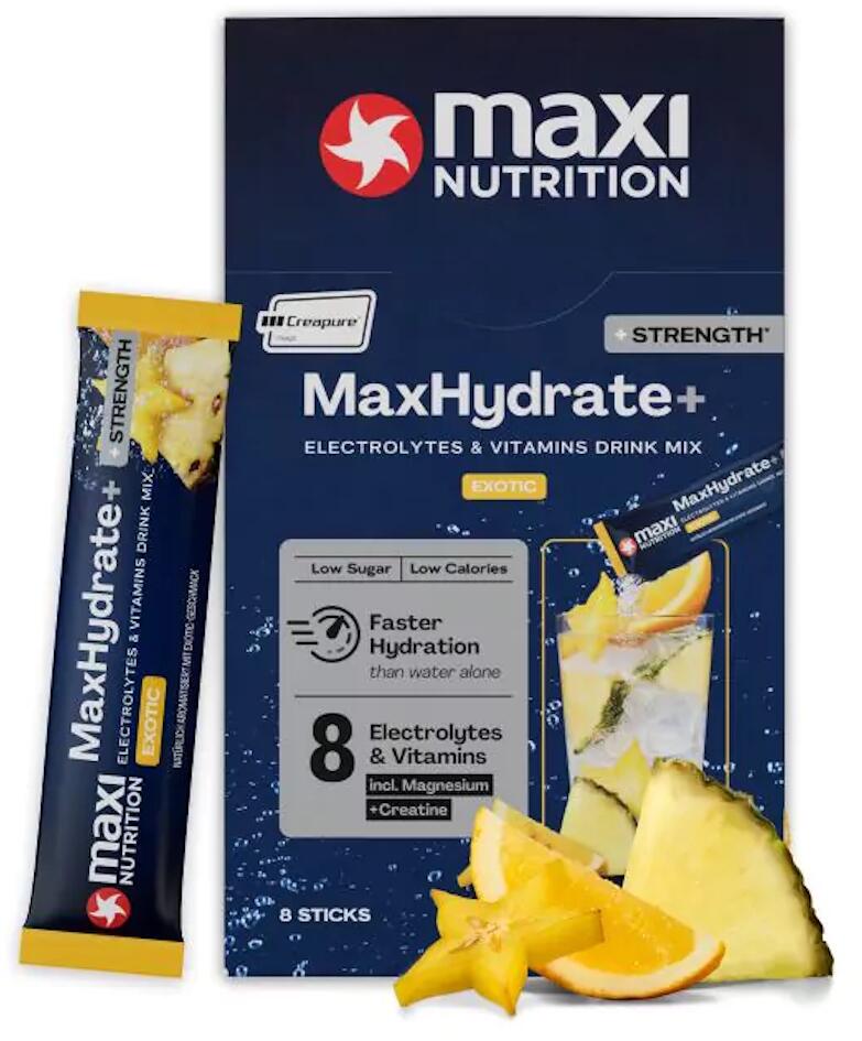MaxiNutrition MaxHydrate+ Strength Elektrolyt Getränk, 8 x 20 g Sticks, Exotic