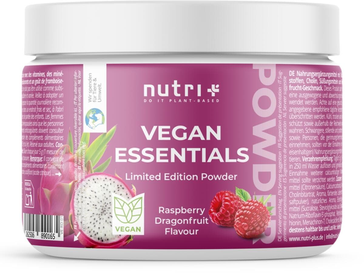 nutri+ Vegan Essentials Pulver, 250 g Dose, Raspberry Dragonfruit (Limited Edition)